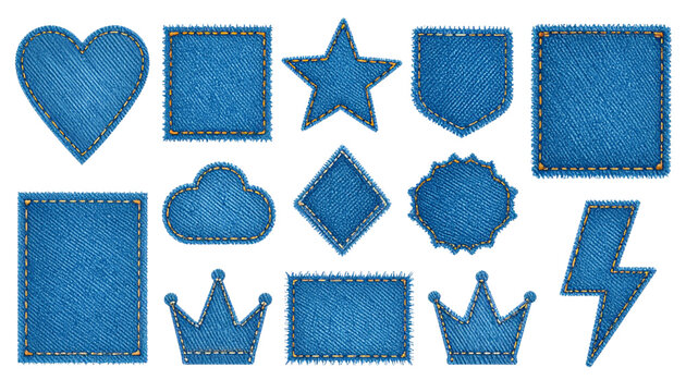 A set of blue denim patches in various shapes on a transparent background