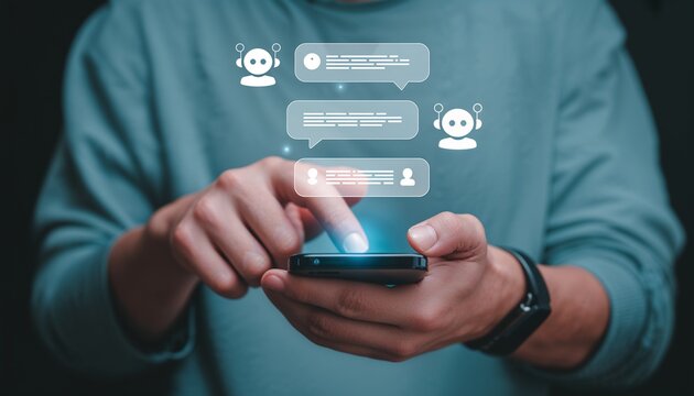 Person Interacts With Chatbot on Smartphone While Using Text Messaging Application at Night in Indoor Space