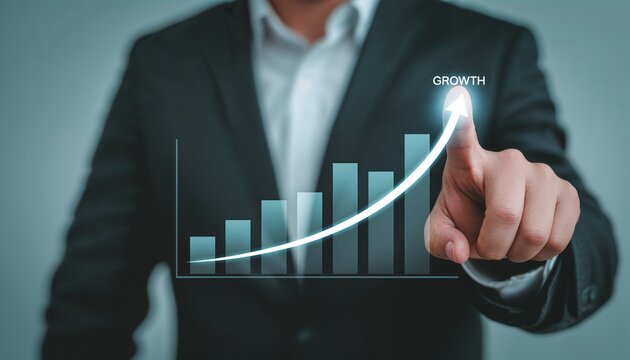 Businessman Points at a Growth Chart to Show Progress in a Corporate Setting During a Work Meeting