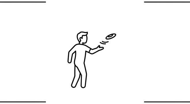 Person throwing a frisbee in the air, outdoor activity, summer fun, simple line art icon
