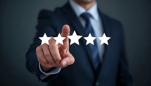 Business Person Giving Rating With Hand on Five Stars in a Dark Setting While Wearing a Suit