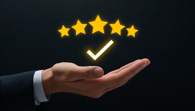 Hand Holding Five Stars and a Check Mark Representing Rating and Approval in a Dark Setting