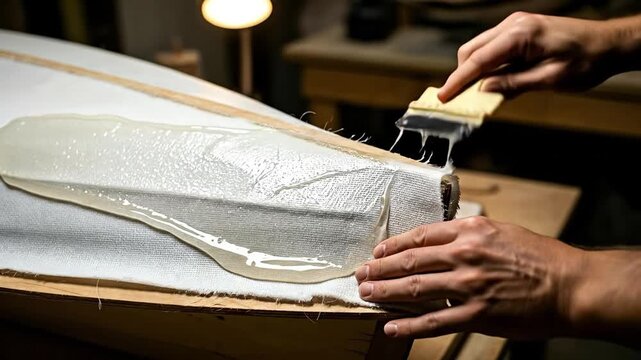 Close up of male hands glassing a custom wooden surfboard with epoxy resin and fiberglass
