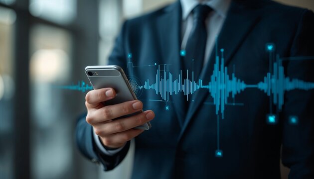 Business Professional Uses Smartphone to Access Voice Data at Office in the Afternoon
