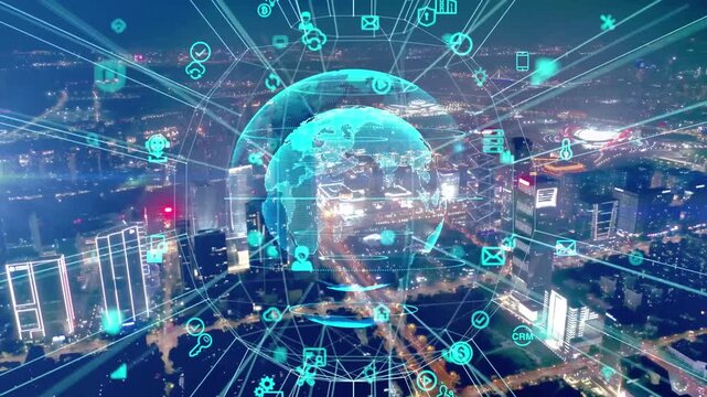 Global network of connected devices showcasing future medical technology, AI, and data streams, a 3D animation of modern technology and electronic chips, 996