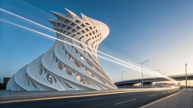 Dynamic modern architectural sculpture with complex lattice work and light trails