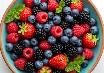 Obraz premium A vibrant assortment of fresh berries including strawberries, blueberries, and raspberries in a bowl