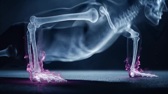 Human skeleton performing active push-up exercise with inflamed ankle and wrist joints on a dark surface.