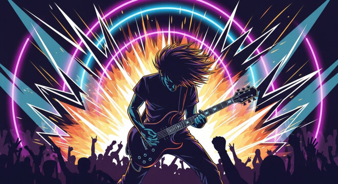 Rock musician performs energetically on stage with electric guitar crowd light show