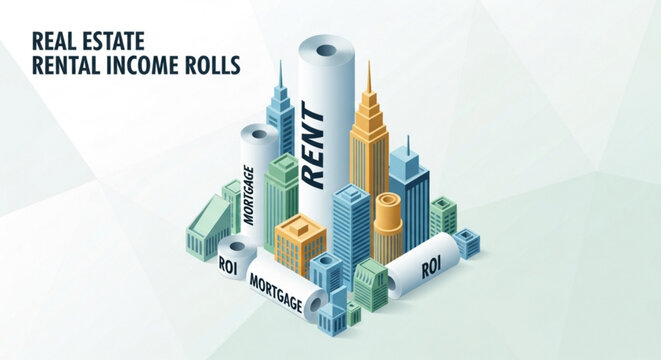 Real estate rental income rolls with cityscape and financial terms like rent mortgage and roi