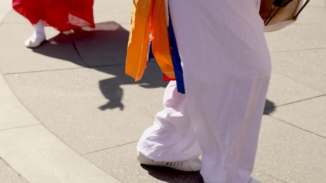 Close up of Korean Traditional Folk Performer's Dynamic Footwork and Mituri Shoes in Jongno Seoul South Korea