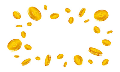 Naklejka na ściany i meble Gold coins explosion. Realistic flying golden dollar coins background. Coins burst and explode wealth, jackpot, treasure, and finance concept