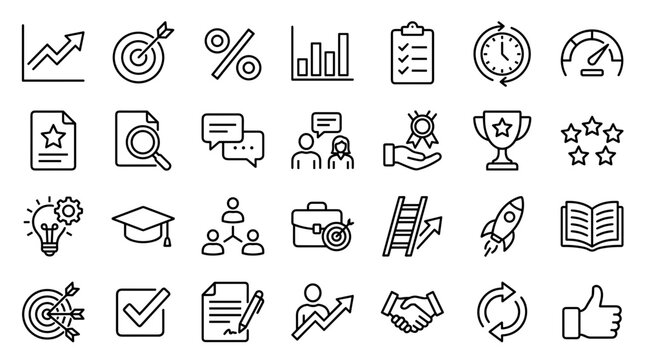 Set of business and management line icons for professional development and corporate strategy
