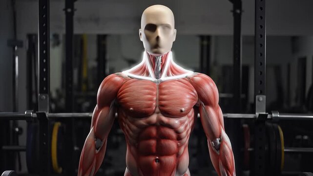 Detailed human muscular anatomy displayed in a gym environment for fitness and health.