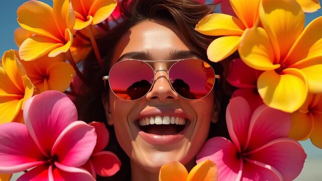 tropical flower framed sunglasses portrait