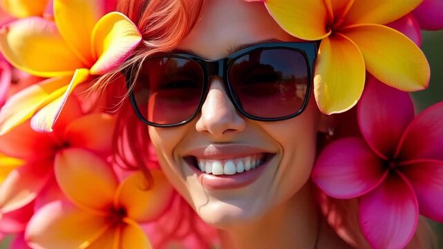 tropical flower framed sunglasses portrait