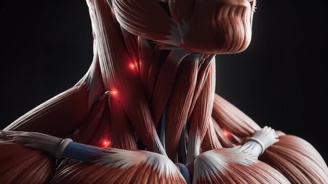 Anatomical human neck and shoulder muscles showcasing painful trigger points on dark background.