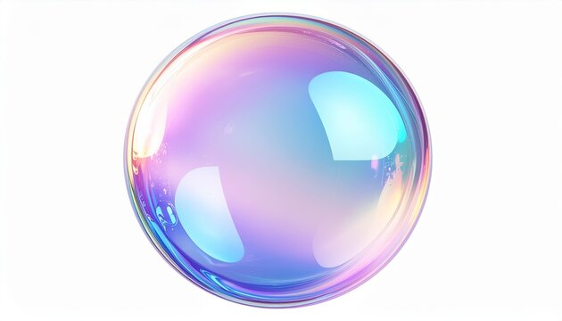 Colorful soap bubble with iridescent reflection on white background