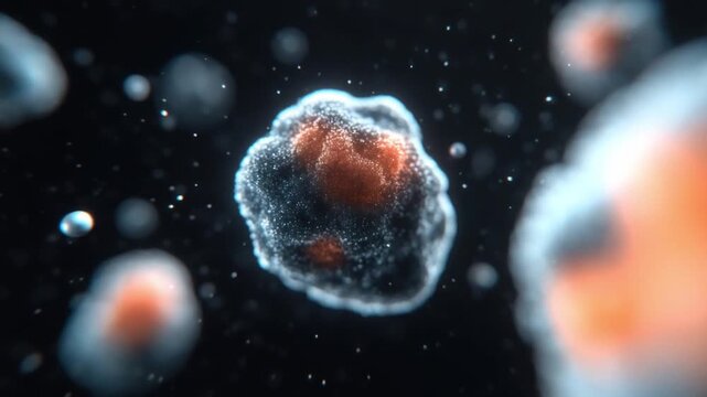 Abstract depiction of microscopic cells and particles in a dark background showcasing intricate details and colors