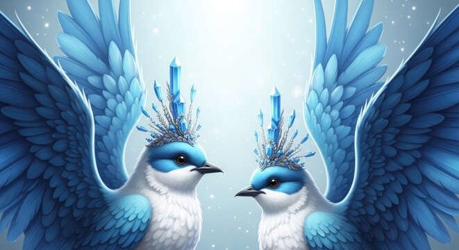 Two azure birds with crowns artistic illustration in soft lighting