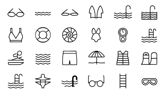 A grid of forty-five white vector outline icons representing swimming gear and water sports elements displayed on a dark black background field.