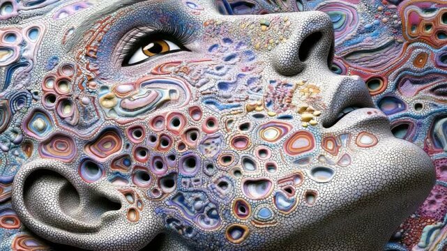 Abstract artistic representation of a human face with colorful patterns and textures on the skin surface