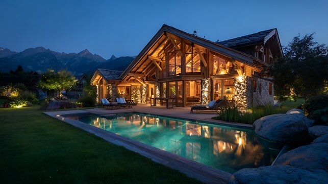 Luxury Chalet with Pool in the Mountains at Dusk