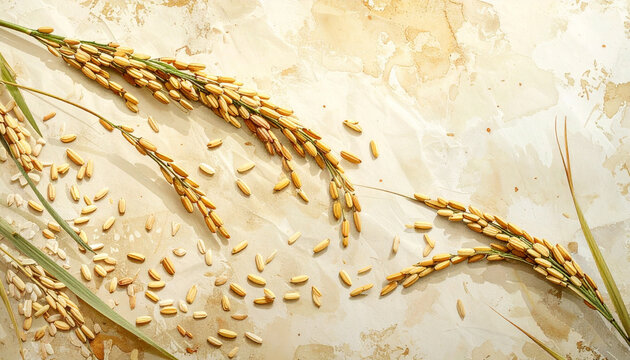 Close up of golden rice stalks and grains natural texture and detail