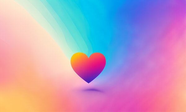 small heart symbol with colorful gradient in the center of soft pastel light rays and vibrant pink blue and yellow background layers in a minimalist style.