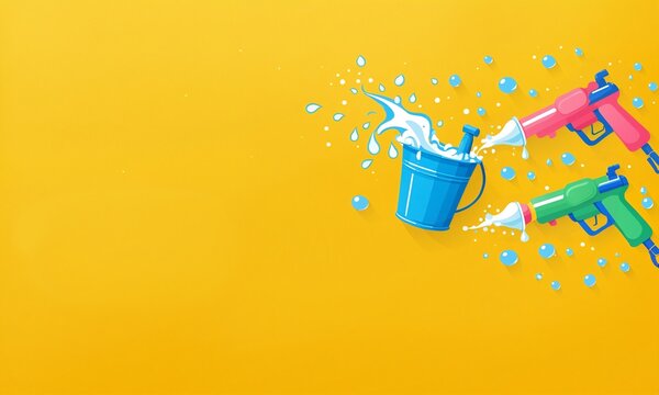 bright blue bucket filled with splashing water and two colorful water gun toys in pink and green on a vibrant yellow background for summer and festival themes.