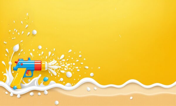 blue and yellow water gun toy splashing water over stylized beach sand and ocean waves on a sunny yellow background for summer vacation and seaside themes.