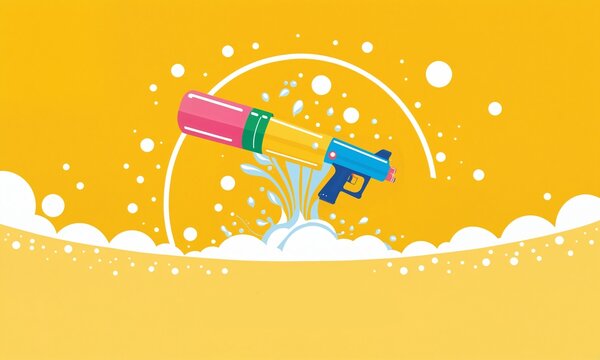 large colorful water gun toy shooting water and white bubbles upward against a vibrant yellow background with stylized white clouds at the bottom for summer play.