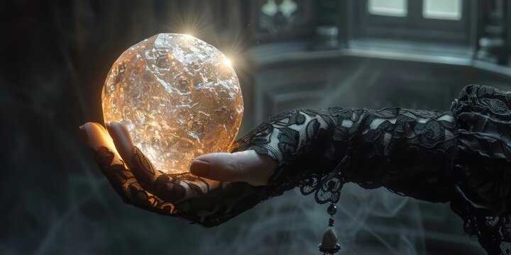Armored sorcerer hand holding a glowing crystal orb with mystical energy in a dark dungeon