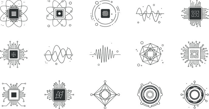 Quantum computing and microchip line icon set with processor wave signal technology vector illustration collection
