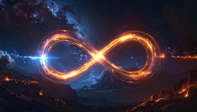 Abstract infinity symbol illuminated against a cosmic night sky background