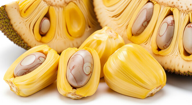 Open jackfruit revealing golden pods and large seeds ready for consumption