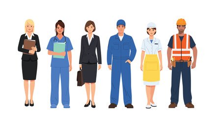 Fototapeta premium Diverse professional occupations character set flat vector illustration with modern vibrant design
