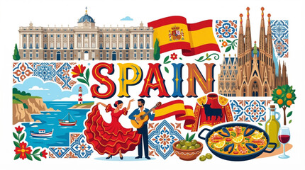 Obraz premium Vibrant Spain Cultural Elements Vector Illustration with Madrid, Barcelona, and Andalusian Motifs