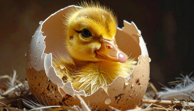 Newborn duckling emerging from eggshell symbol of birth and spring