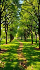 Fototapeta premium Vibrant green expanse with trees and pathways, inviting exploration and learning outdoors, education, grass
