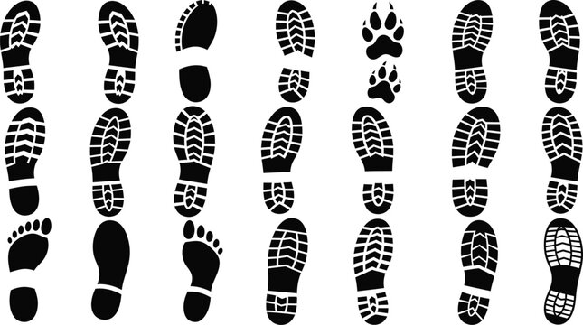 Collection of black shoe prints and animal paw prints on white background footprint boot print sole pattern