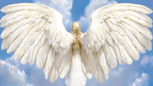 Majestic White Angel Wings Spread Wide Against a Clear Blue Sky with Fluffy Clouds in the Background