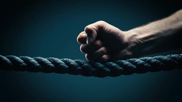 A clenched fist grips a thick rope tightly in a dark setting.