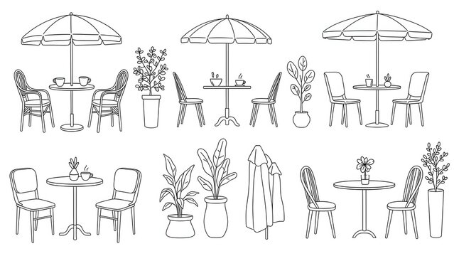 Outdoor Cafe Furniture Set with Tables, Chairs, Umbrellas, and Potted Plants Line Art