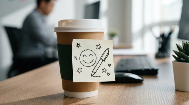 Coffee Cup with Sticky Note and Smiley Face Illustration on a Wooden Desk