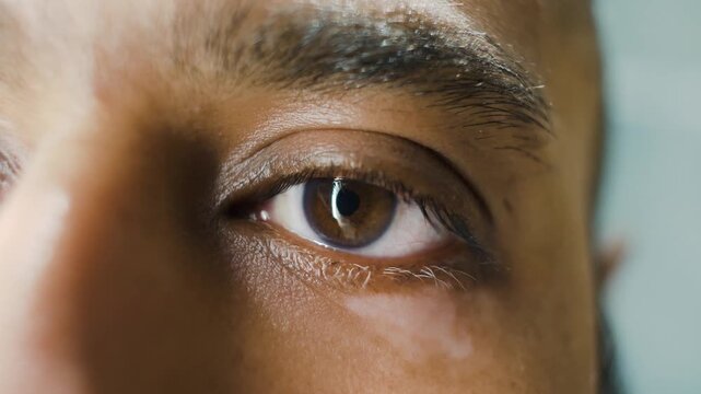 Extreme close up of man eye with vitiligo skin condition looking into camera lens