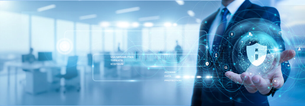 IT officer holding information security system showing cyber growth graph with data protection, network safety, password control, digital privacy, firewall technology, secure system concept.