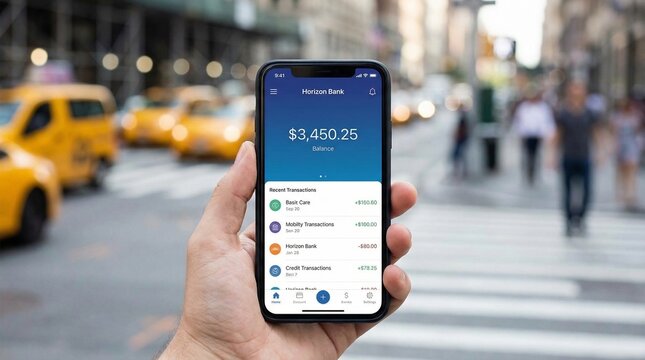 Man's hand holding smartphone with finance app on busy city street with yellow cabs