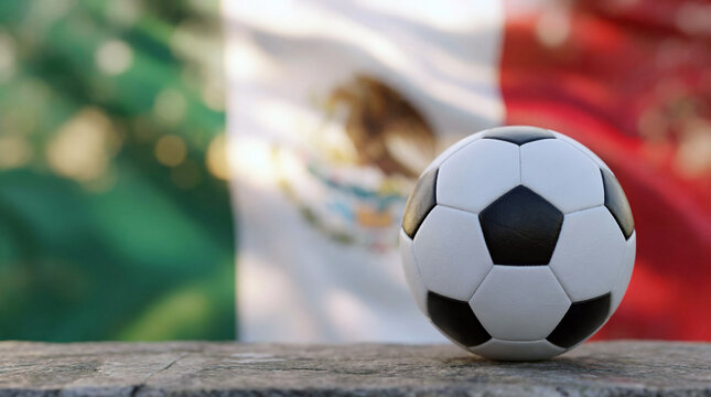 Soccer ball on a wooden surface with the mexican flag in the background