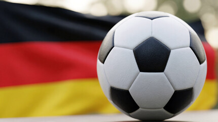 Fototapeta premium Soccer ball in front of the german flag waving in the background outdoors